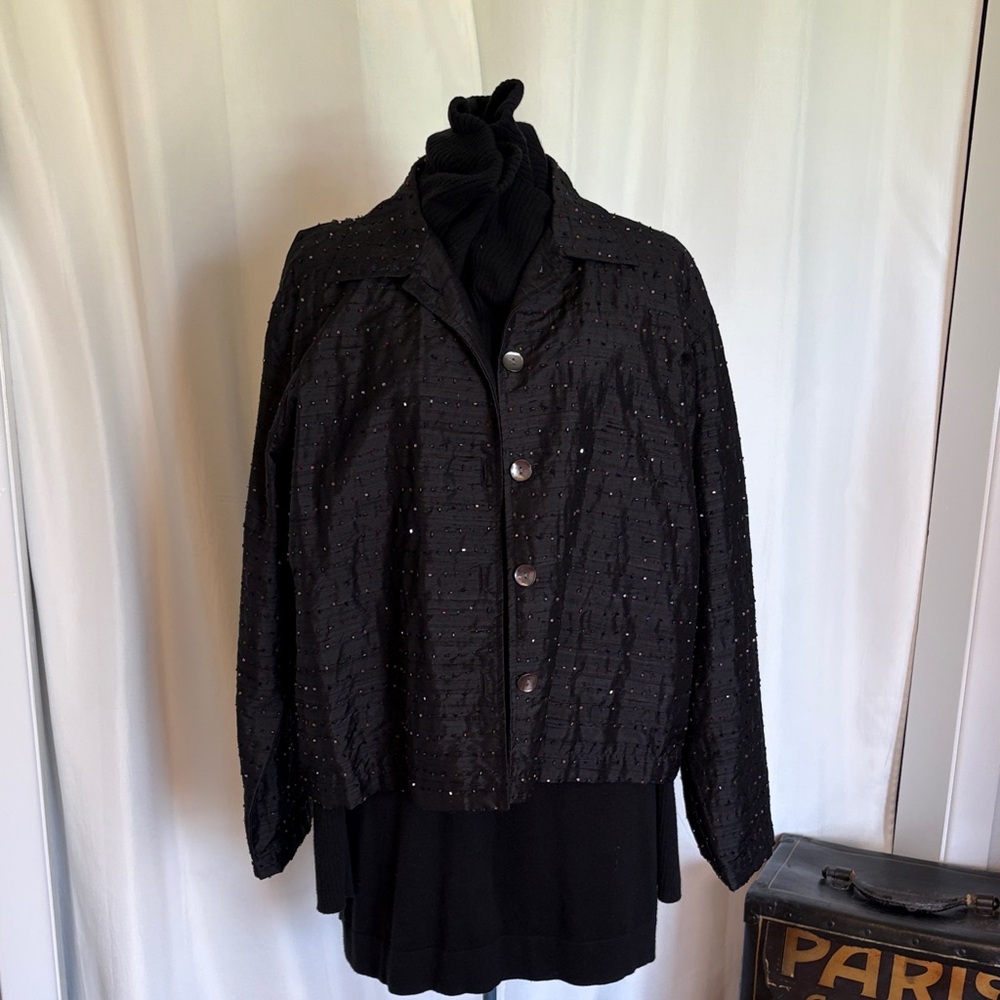 Silk multicolored beaded black jacket large relaxed fit perfect for layered look